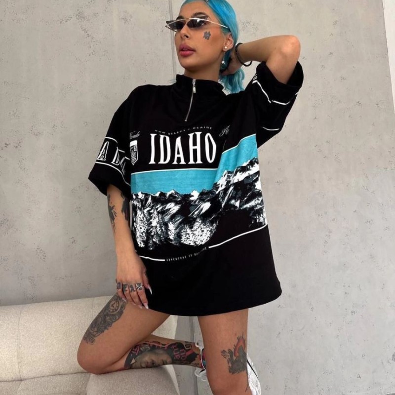 Kadın Baskılı Yarım Fermuarlı Kısa kol T-Shirt - Siyah